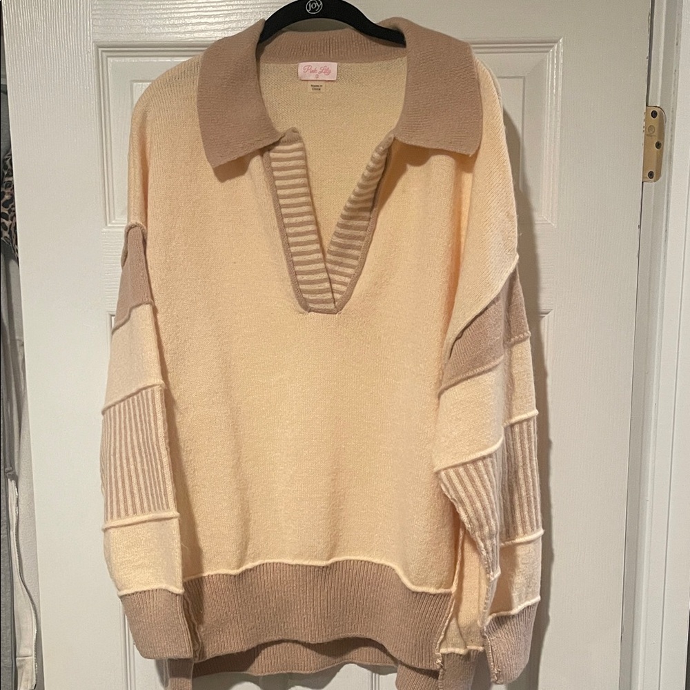 Pink Lily Cream and Tan V-Neck Sweater